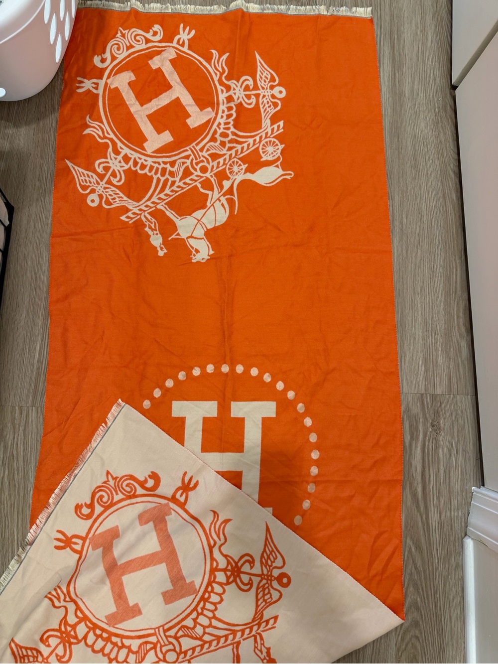 Orange and Cream Decorative Bath shawl with Emblem